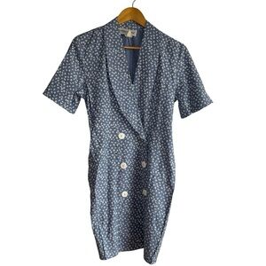 VTG Young Edwardian Mini Dress Small 7 Wrap Double Breasted Blue Floral Coquette